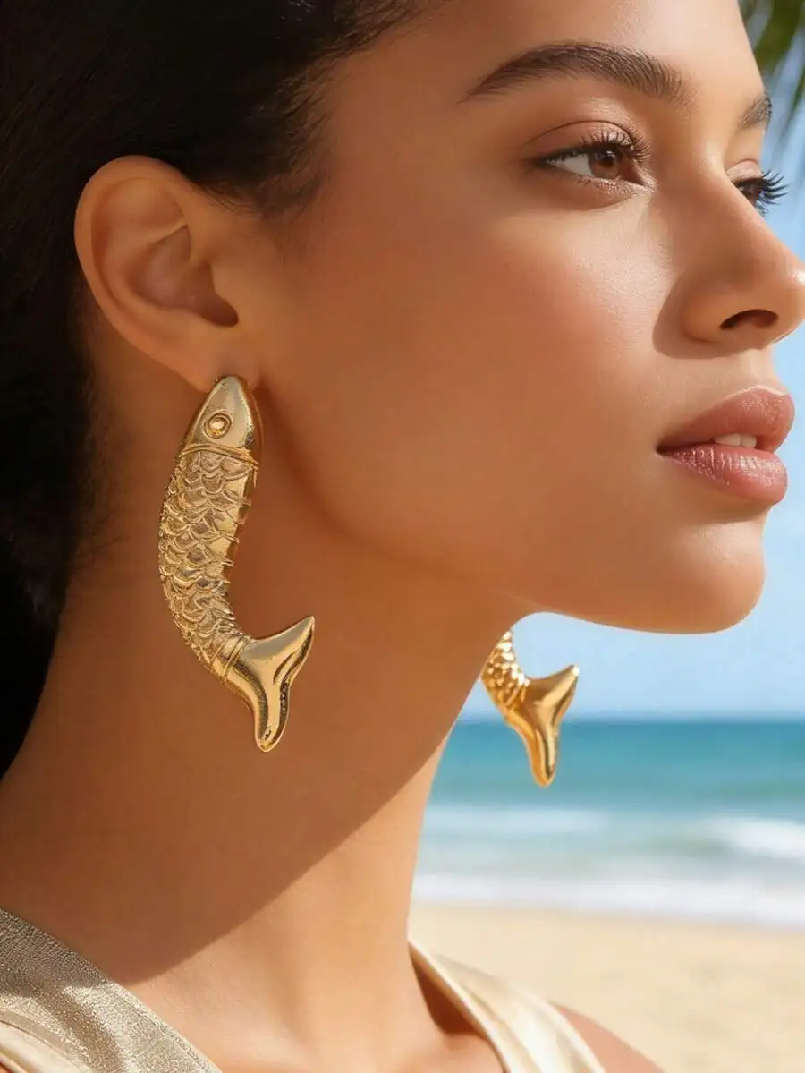 

Gold-Tone 3D Fish Drop Earrings For Women, Boho Punk Style Beach Jewelry Gift