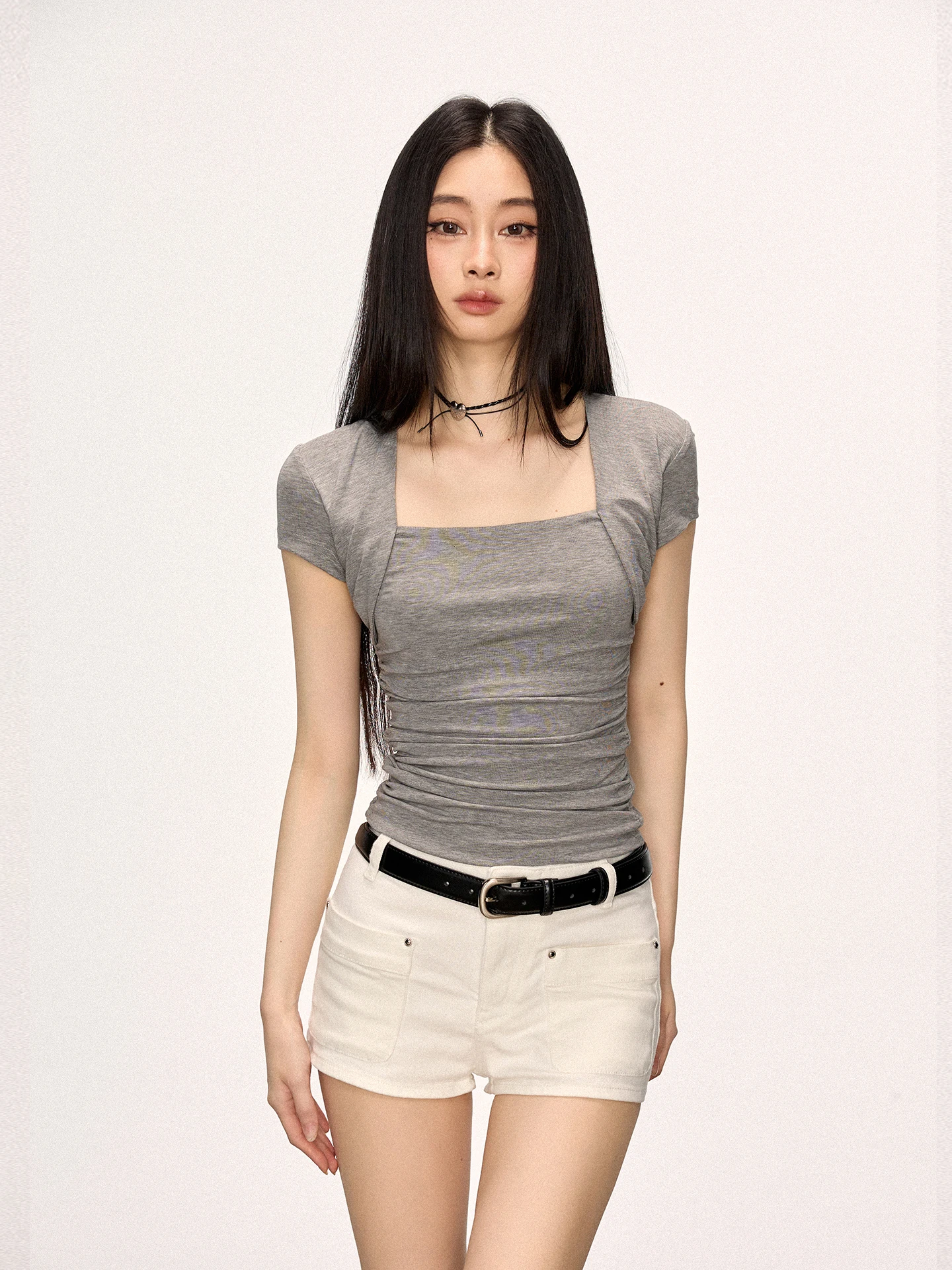 

Женская приталенная футболка Cherry Melody с коротким рукавом, из лайкры, с квадратным вырезом, подчеркивающая талию, летний топ на каждый день, стандартный крой