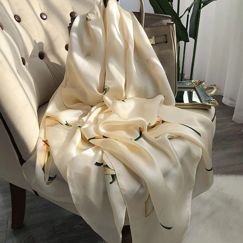 

Hangzhou silk scarf versatile streamer Korean version light luxury calla lily long mulberry silk scarf anti-sun