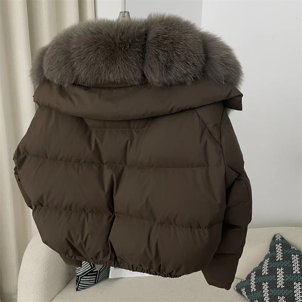 MENINA New Winter Jacket Women Big Real Fox Fur Collar Natural Thick Warm Duck Down Coat Short Outerwear Streetwear Loose Casual