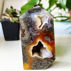 Natural Agate Crystal Tower Stone Wand Point  Room Decoration Agate and Pyrite Mineral Symbiont Ornaments Reiki Healing Crystals