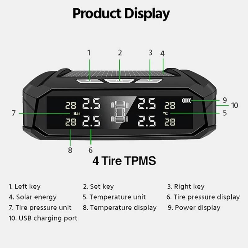 Car TPMS Tire Pressure Monitoring Tyre Pressure Monitoring USB Charging Temperature Alert With Sensors