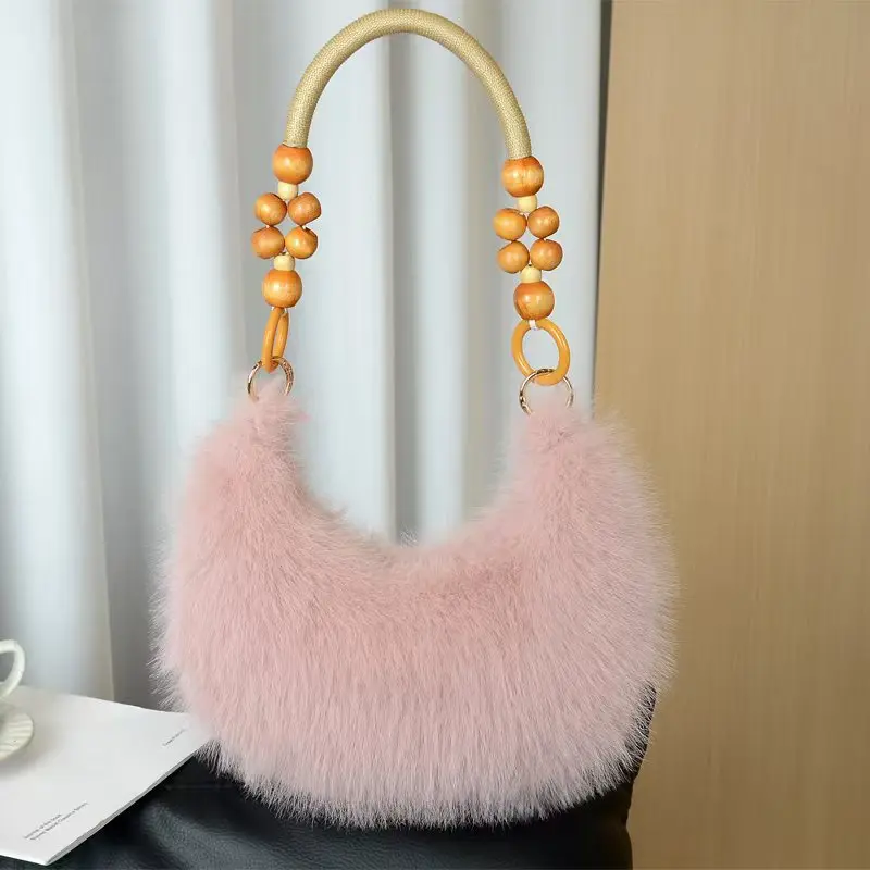 

Small Fragrant Style with Wooden Beads Handbags Crossbody Bags for Women Fashion Fox Hair Handbag Beaded Oblique Shoulder Bag