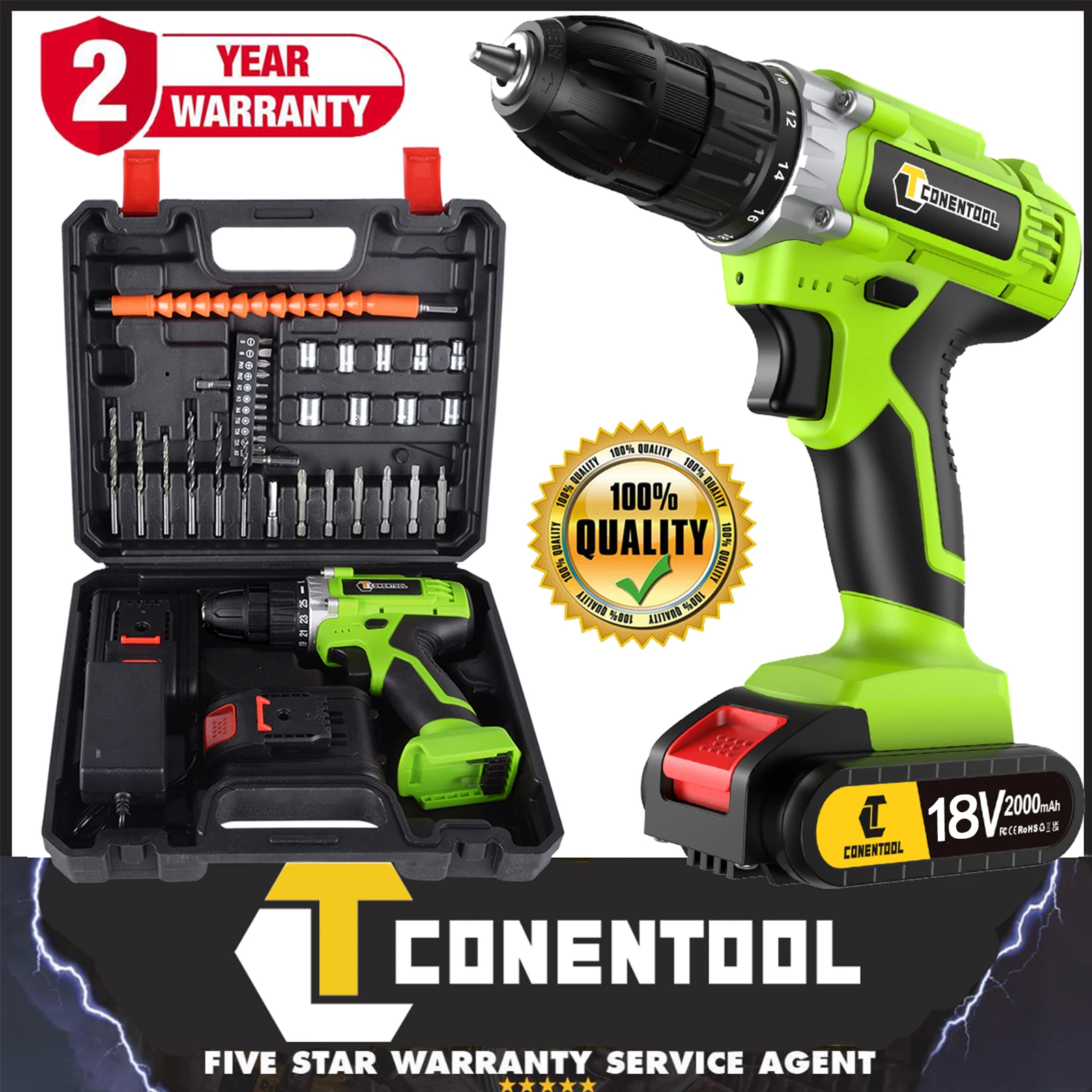 Electric Screwdriver 18V, Cordless Drill Driver with 2 Batteries 2000mAh, 40N.m Combi Drill, 3/8in Chuck, LED Light, 25+1 Torque