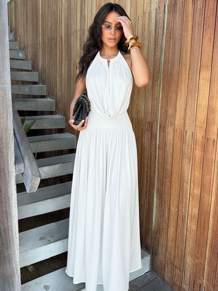 Doyerl Elegant Ruched 2 Piece Sets Woman Club Wear Party Loose Fit Halter Backless Top and Wide Leg Pants Matching Set Outfits