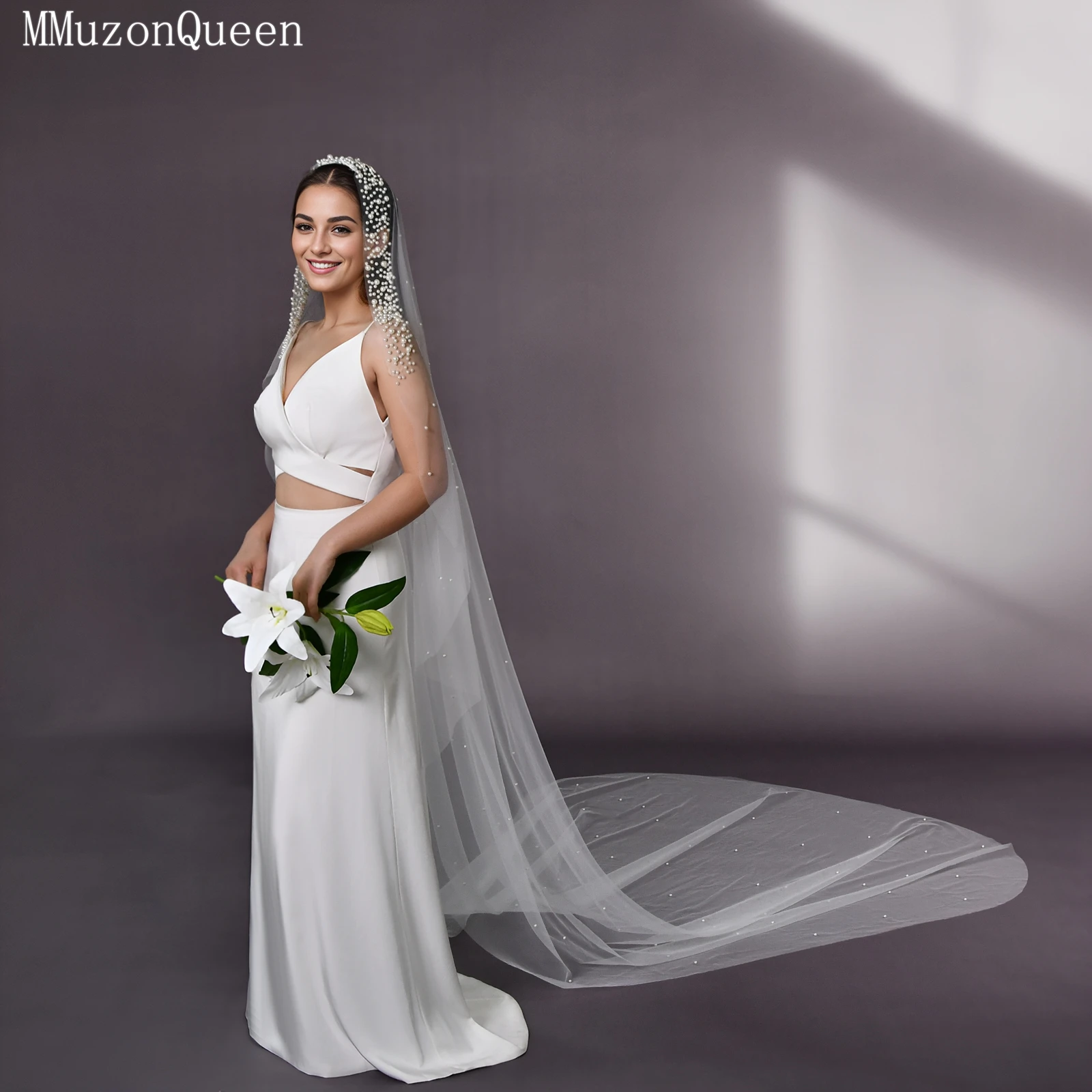 

Свадебная фата TOPQUEEN в винтажном стиле, мягкая тюлевая фата с жемчужной лентой, длина 3 м, свадебная фата-катедрала, аксессуары для свадьбы V207