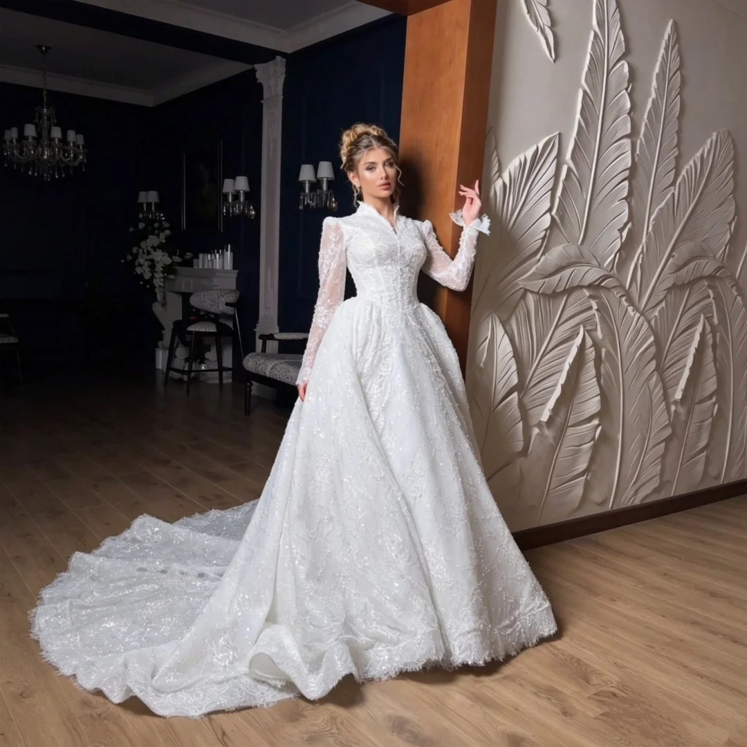 Custom High Neck Long Sleeve Lace Wedding Dress 2026 Heavy Beaded Glitter Ball Gown Vintage Luxury Long Train Bridal Gown