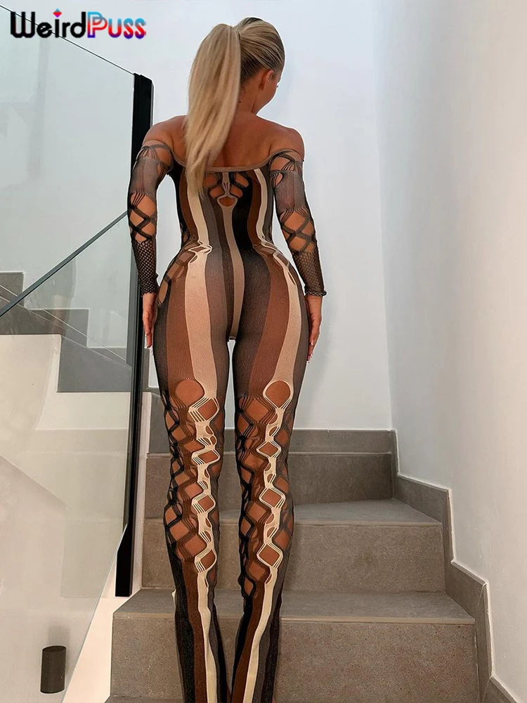 

Weird Puss Sexy See Through Jumpsuit Women Fall Coquette Hollow Slash Neck Full Sleeve Stretch Midnight Club Workout Overalls