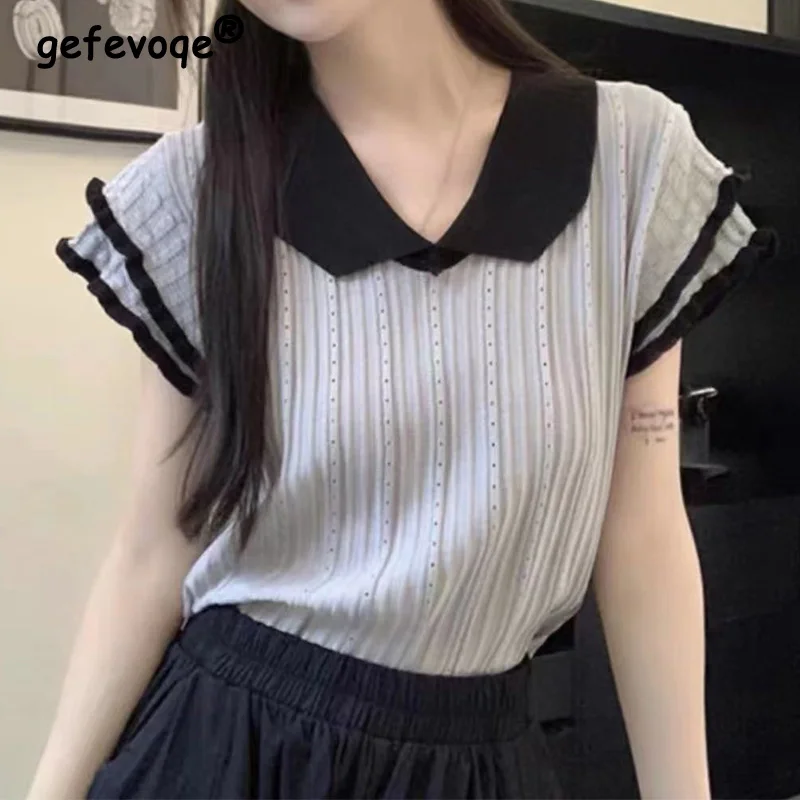 

Fashion Hollow Out Doll Neck Short Sleeve Pullover Top Summer Womens Clothing Korean Chic Slim Patchwork Ruffles Knitted T-Shirt