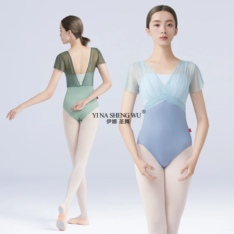 

Женские балетные трико, танцевальный трико, нейлоновые сращенные с короткими рукавами, плиссированные балетные боди для взрослых, искусственные гимнастические трико из двух предметов