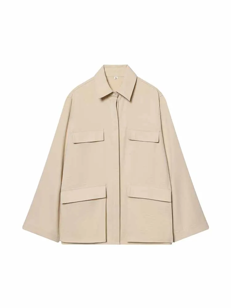 

HH Woman Spring Fashion Versatile Long Sleeves Lapel Drape Pocket Decoration Shirt Female Temperament Casual Solid Commuting Top