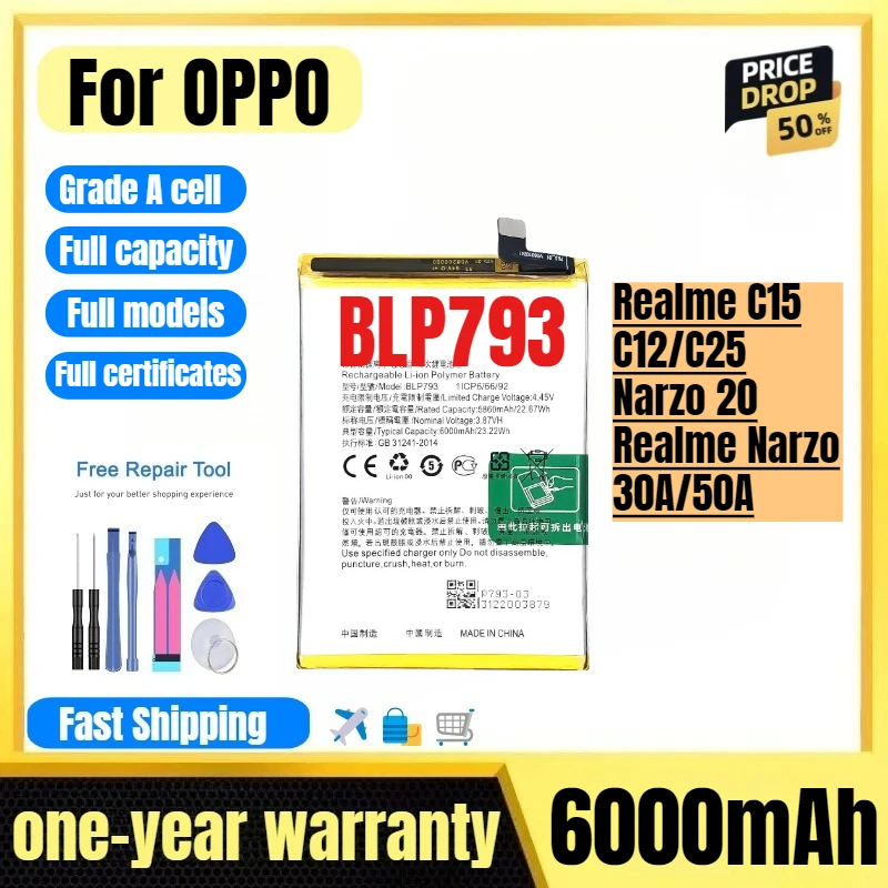 

BLP793 for OPPO Realme C15/ C12/C25/Narzo 20/Realme Narzo 30A/50A Phone Battery high quality high capacity replacement Bateria