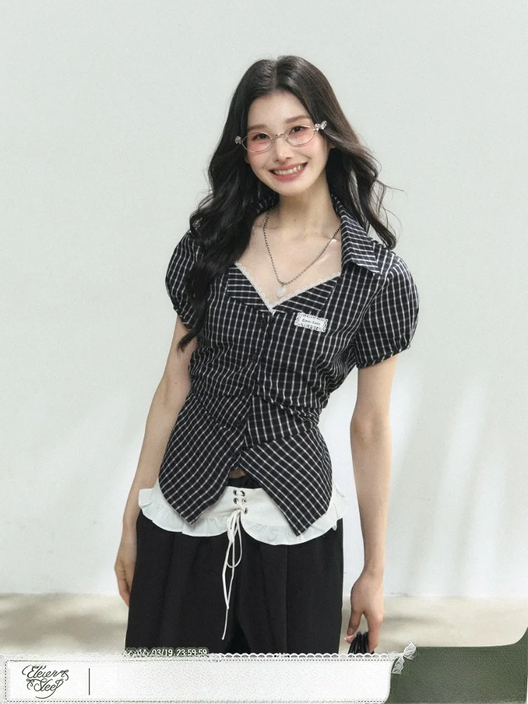 

Летняя легкая женская рубашка ELEVEN SP с коротким рукавом, приталенная, в клетку, в корейском стиле, для повседневной носки, премиум-класса