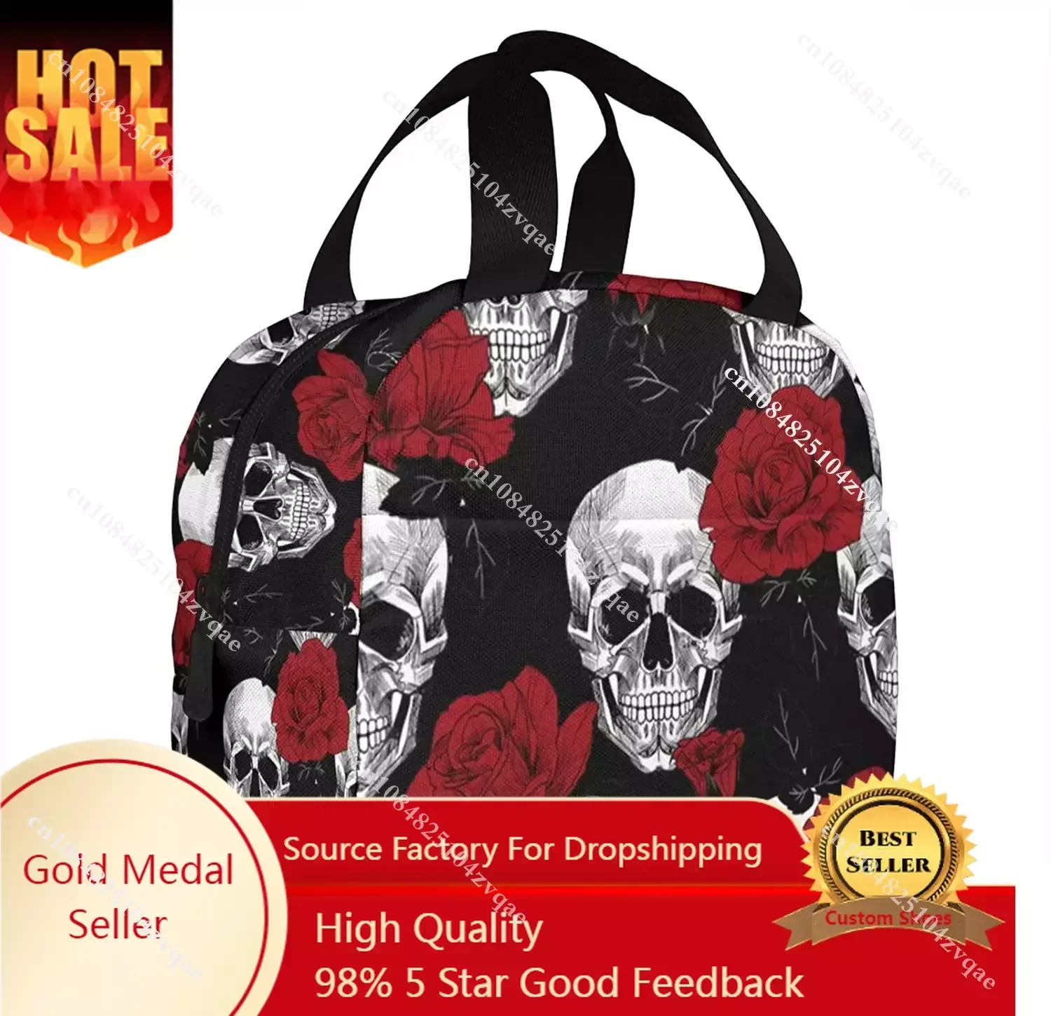 Sugar Roes Flowers Skull Skeleton Lunch Bag For Women Insulated Lunch Box With Front Pocket For Work Reusable Cooler Tote Bag