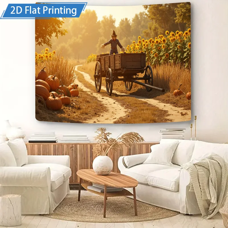 [2D شقة] 1 قطعة 4x16 بوصة علامة معدنية ريفي الخريف الفزاعة عربة عباد الشمس الميدان 2D شقة طباعة المعادن جدار ديكور فني