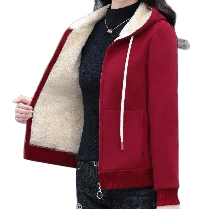 New Zipper Hooded Ladies Jacket Cotton Sweater Women Autumn Winter Add Velvet Padded Coat Fashion Wear Warm Hoodie Clothes