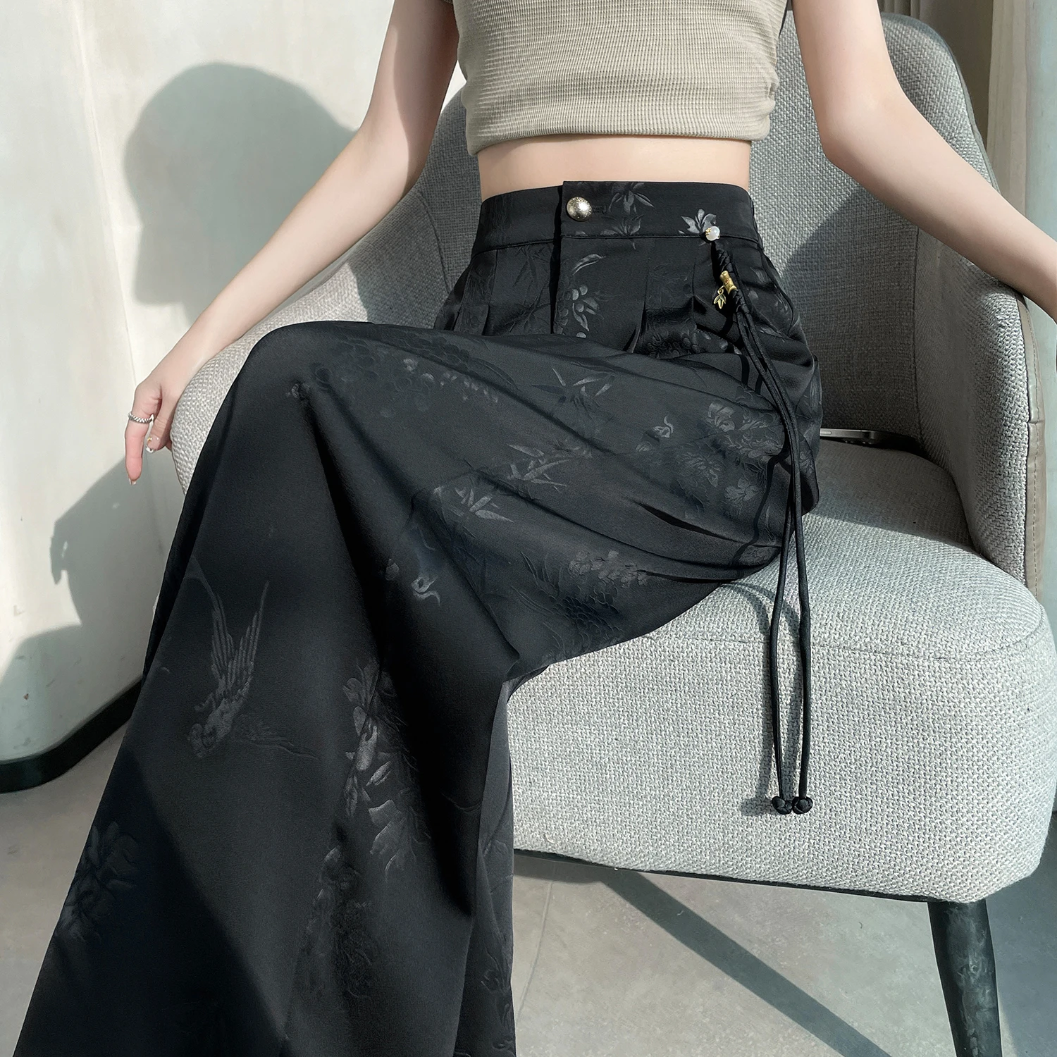 Chinese Pants Women Office Casual Elegant Empire Loose Minimalist Pure Korean Style Trouser Ladies Summer Design Basic Ice Slik