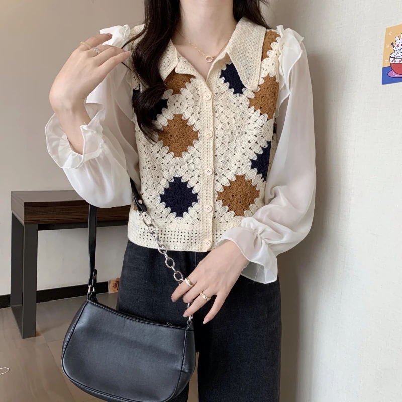 Boring Honey Square Single Breasted T-Shirts Spliced Chiffon Bubble Sleeves Short Tops Women Turndown Collar Women Clothing