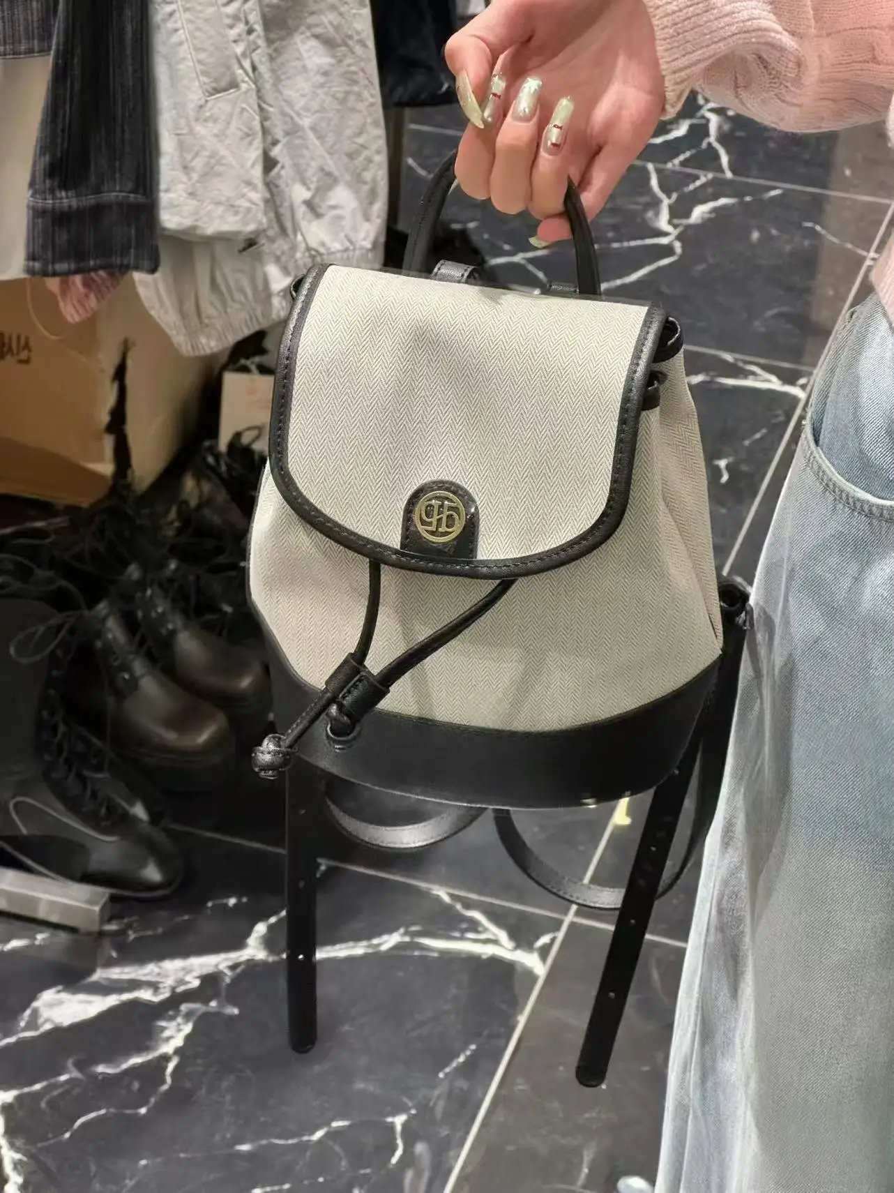 

Depound Canvas Shoulder Backpack Spliced Handbag Durable Double Strap Crossbody Bag for Men And Women Trendy Korean Style