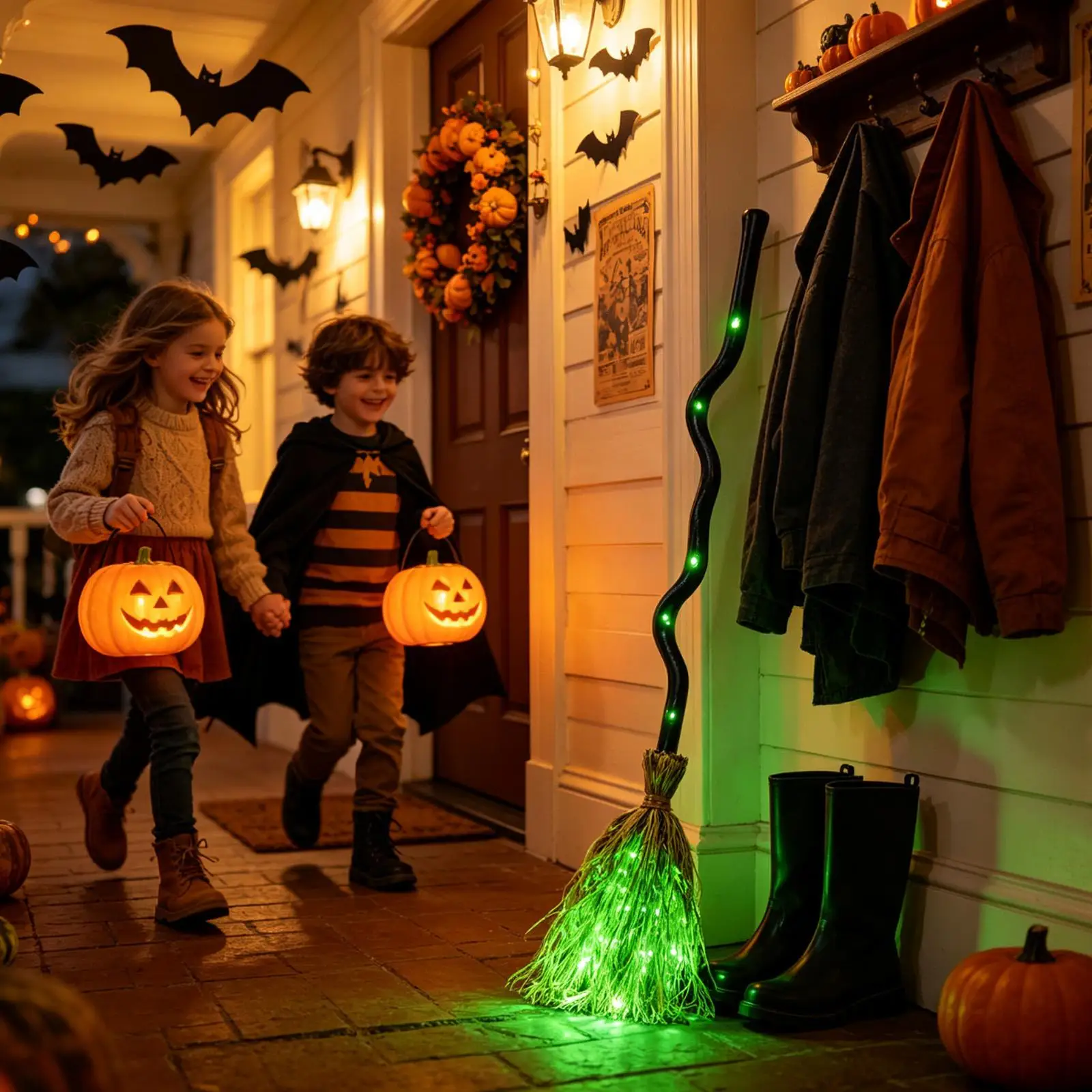 Animated Witch Broom Moving Realistic Horror Scene Prop Light Up Halloween Dancing Broom For Backyard Porch Driveway Park