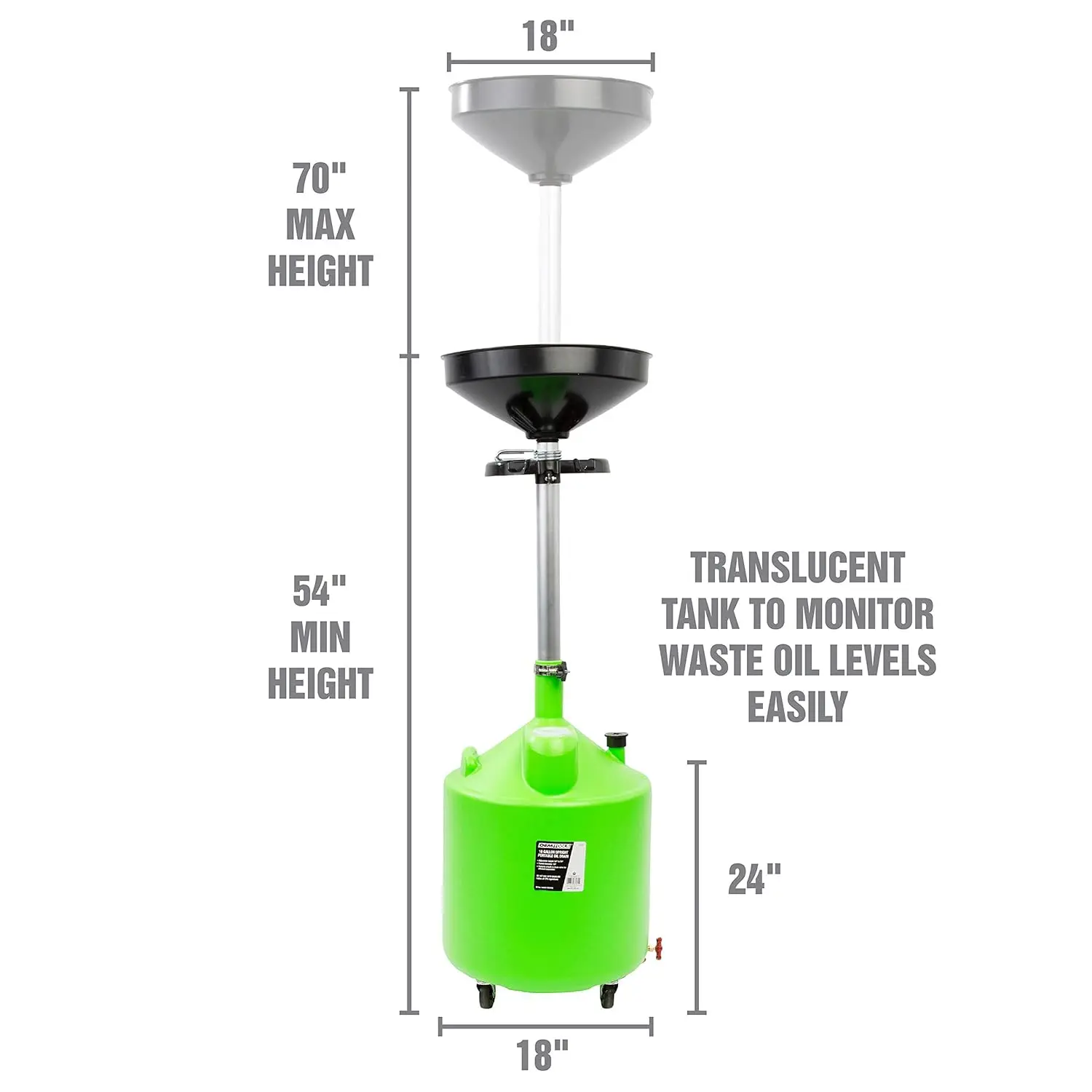 18 Gallon Oil Drain Container, Upright Adjustable Drain Tank with Funnel, Waste for Automotive Changes