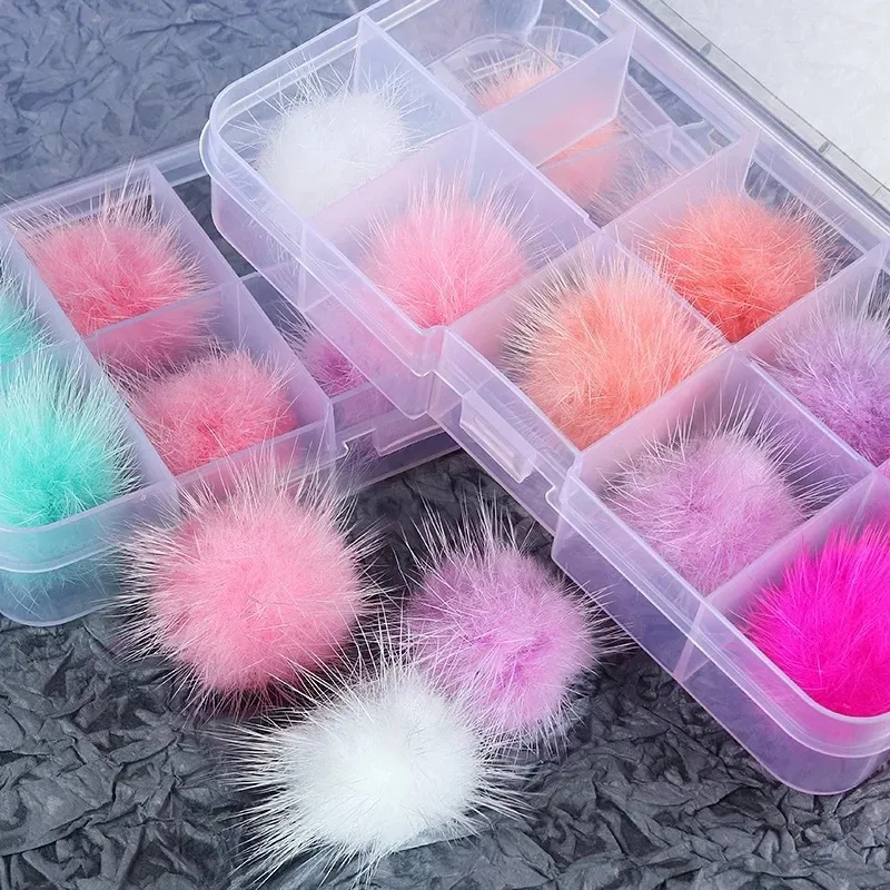 10 개/상자 푹신한 모피 Pompom 밍크 Pom Poms 네일 아트 쥬얼리 분리형 자기 Hairball DIY 디자인 매니큐어 장식 액세서리