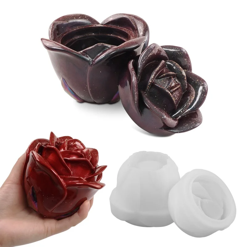 Molde de resina de tarro de almacenamiento de flores rosas 3D, caja de dulces DIY, moldes de resina epoxi de cristal con tapa, caja de almacenamiento de joyas, herramientas de decoración del hogar