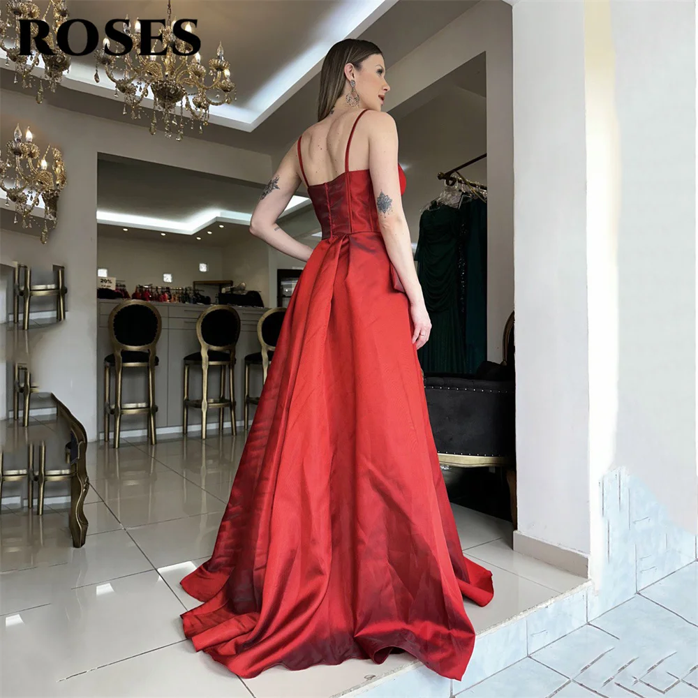 Rosas vestido de noite vermelho cinta de espaguete vestido de baile alta fenda vestido de noite com lantejoulas embelezadas robes de soirée personalizado