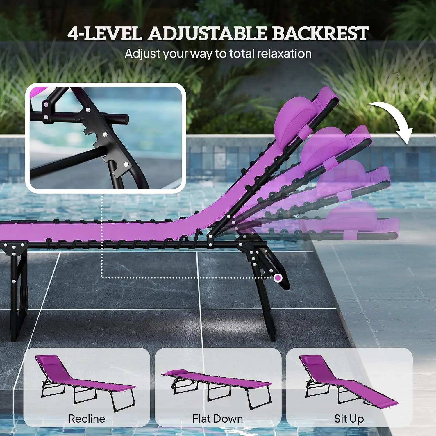 Folding Chaise Lounge Chair Outdoor Set 2 Mesh Seat Purple, Customized