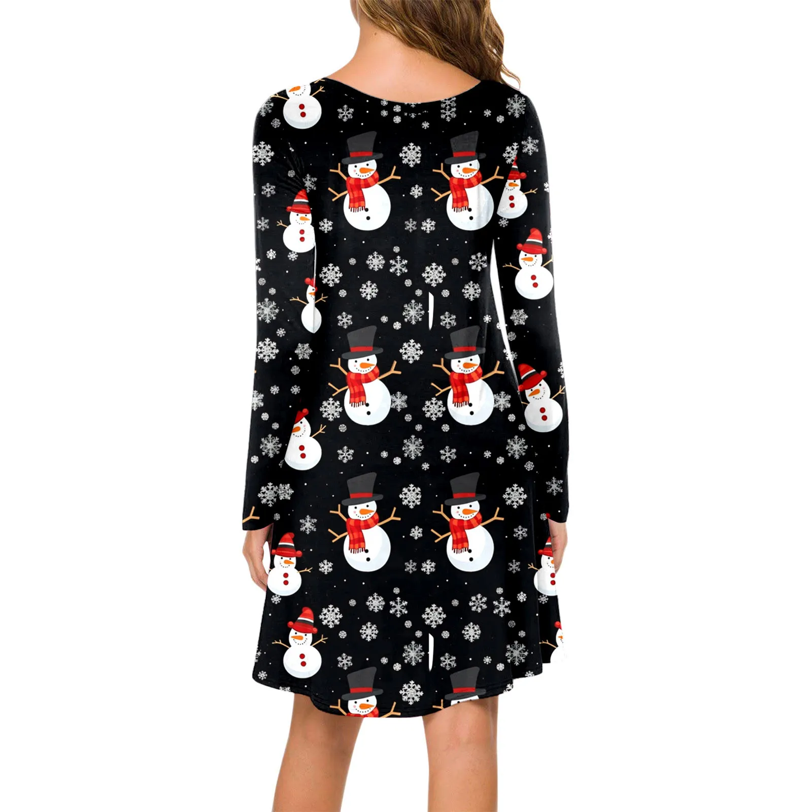 Sukienka damska Boże Narodzenie Snowman Party Mini sukienka Casual Fashion Printed Round Neck Sukienka z długim rękawem Klasyczne sukienki świąteczne