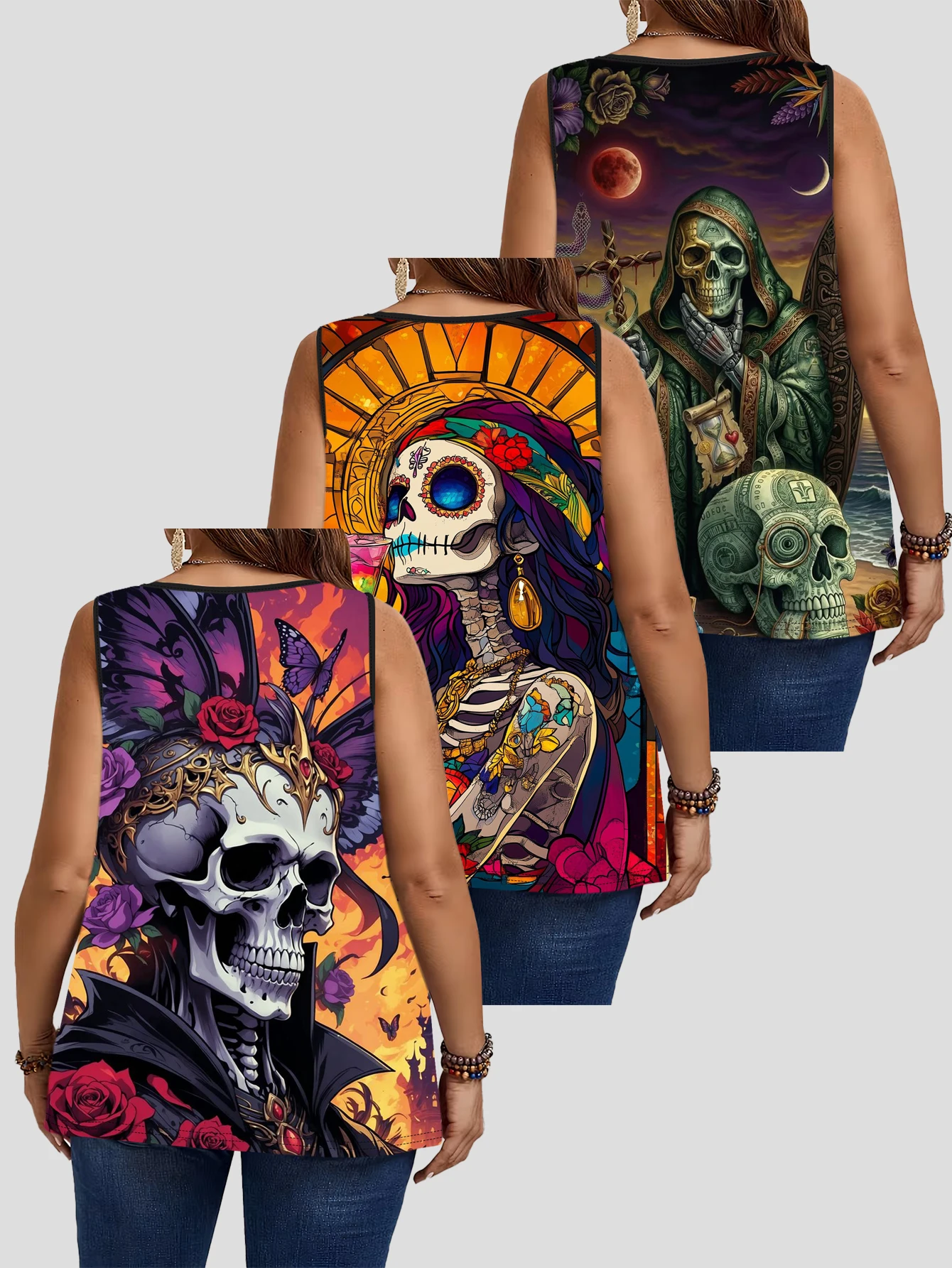3-Piece Set of Plus-Size Sleeveless Vests with Colorful Undead Skull Art Print, Trendy and Unique Loose-Fitting Tank Tops That Cover the Body