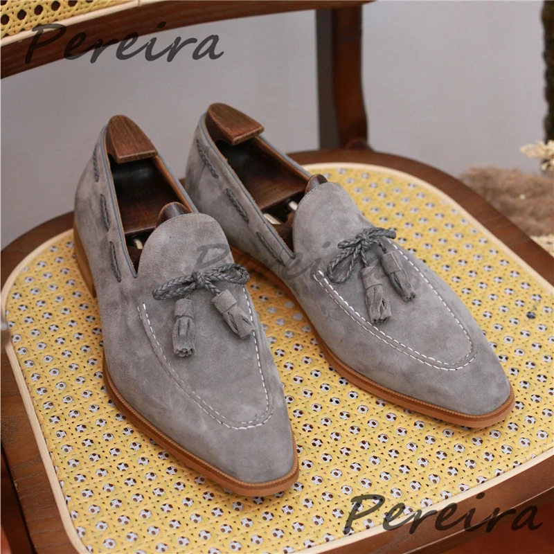 Gray Suede Tassels Men's Loafers British Style Pointed Toe Shallow Lace-Up Shoes Fashion Comfortable Party Business Casual Shoes