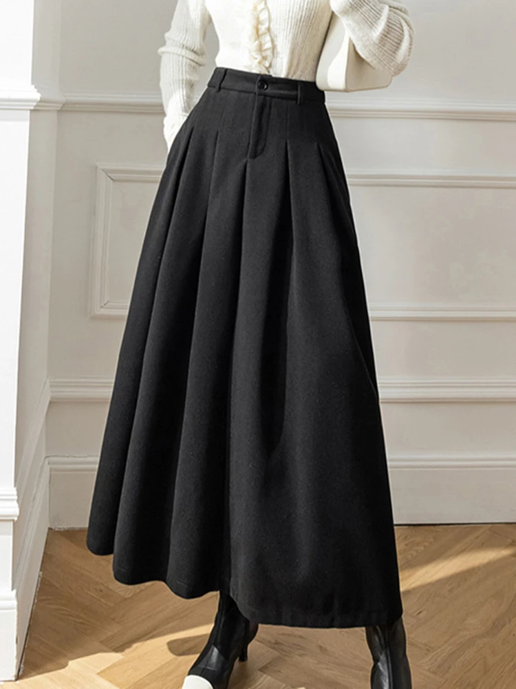 Woolen Maxi Skirt Women Autumn Winter Warm Skirts Ladies Casual Loose A-Line Skirt Female Korean Elegant Office Lady Long Skirt