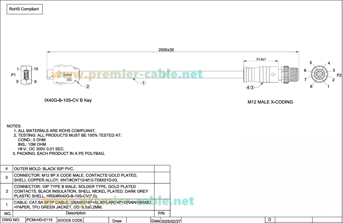 IX40G-B-10S-CV(7.0) IX B Stecker auf M12 8-Pin X-Code Steckerkabel IX 10P Typ B Industrielles Cat6A Serielles Kabel SFTP für Industriekameras – Detail 3