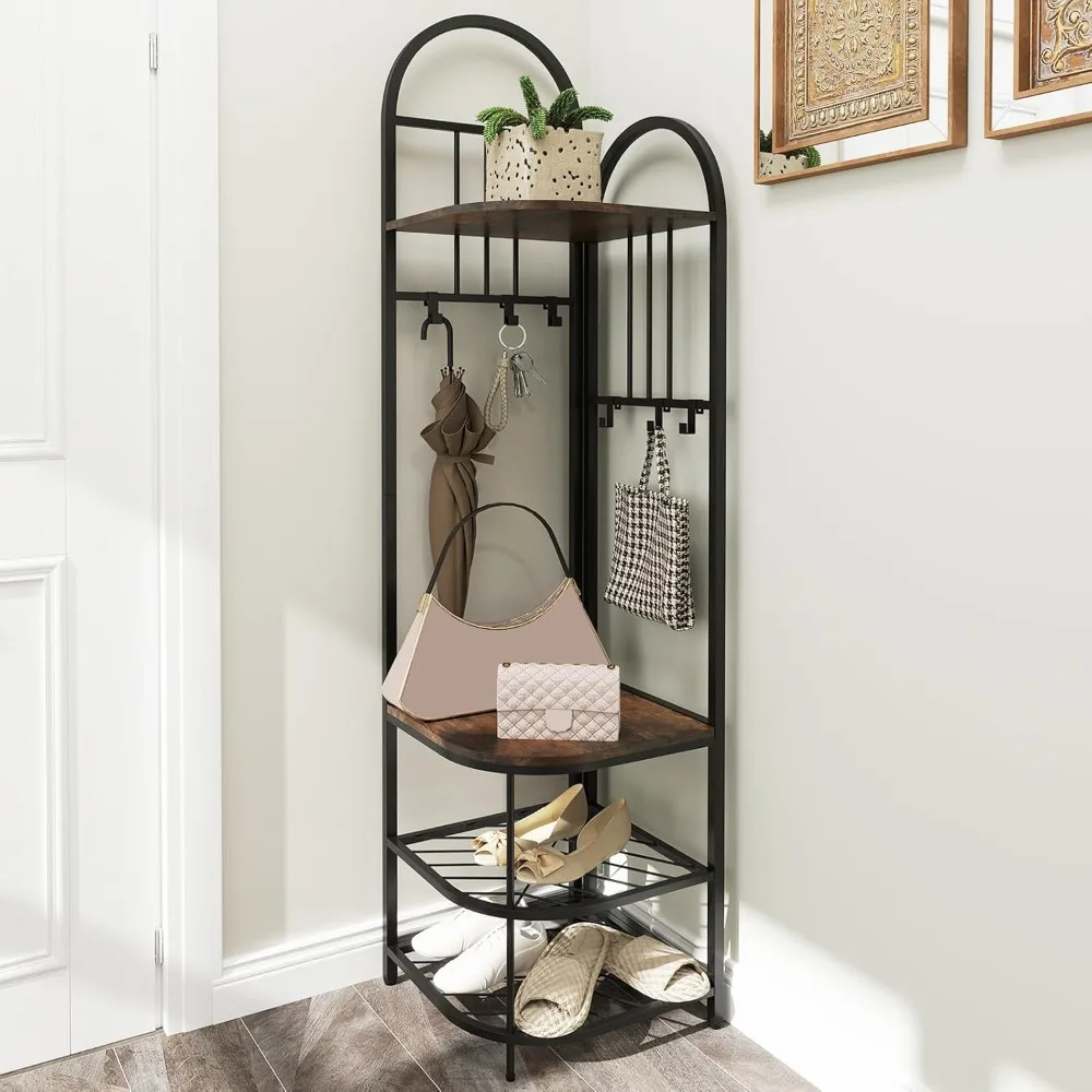 شجرة قاعة الزاوية مع مقعد تخزين الأحذية، 71 رف معطف، 6 خطافات، منظم رف الأحذية من 4 طبقات، أثاث المدخل