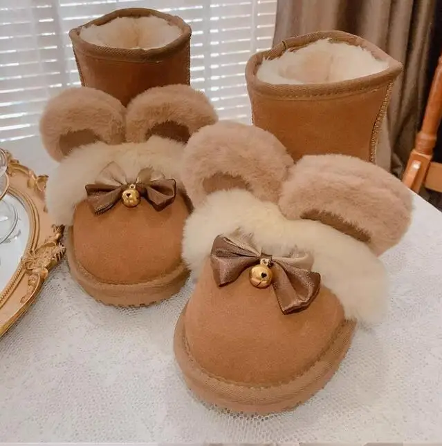 

Cute Bear Round Ear with Bowtie Bell Snow Boots Cow Brown Yellow Suede Round Toe Winter Plush Fur Ankle Boots
