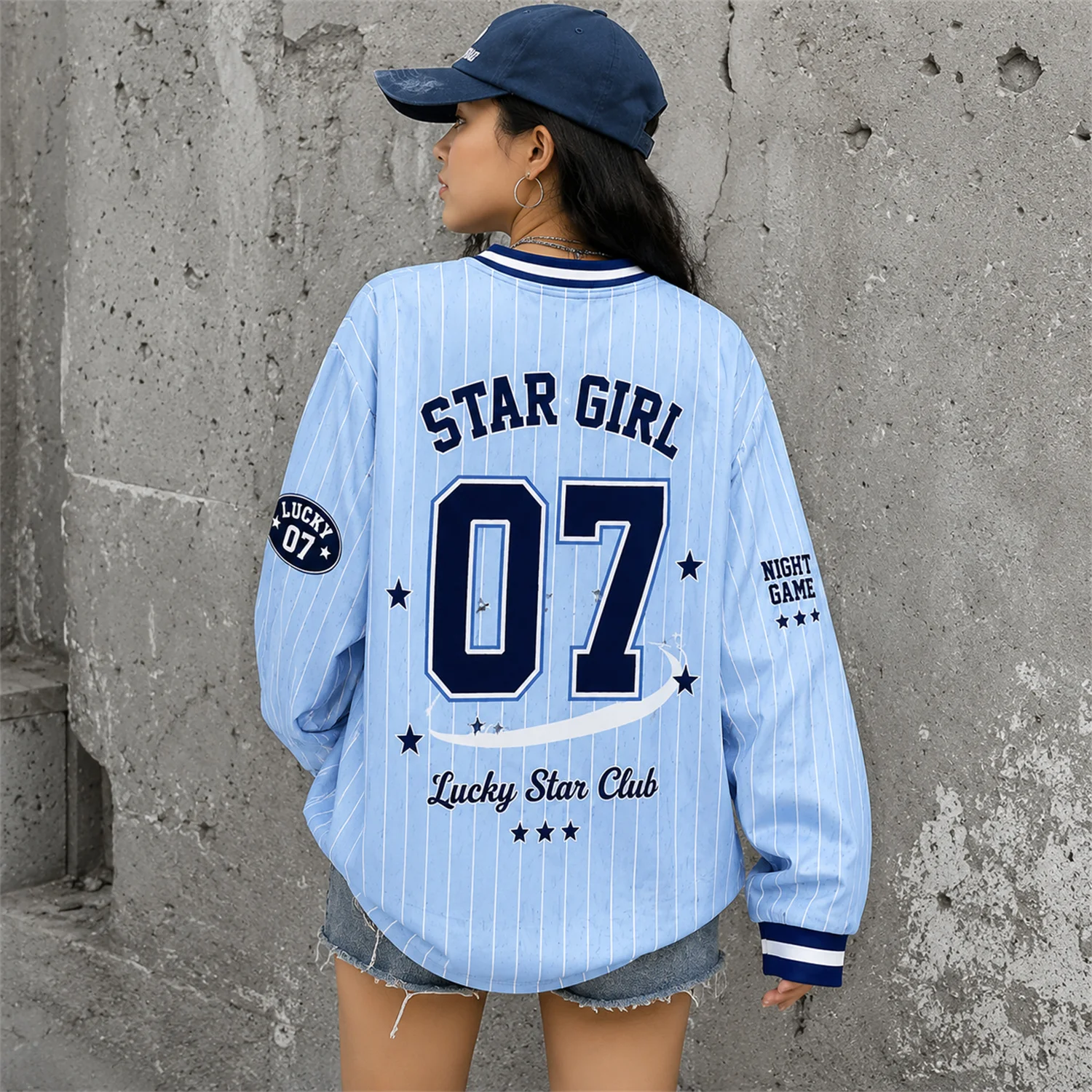Star League 07 Baseball Jersey Women Long Sleeve V Neck Vintage Sports Shirt Casual Streetwear Autumn Top