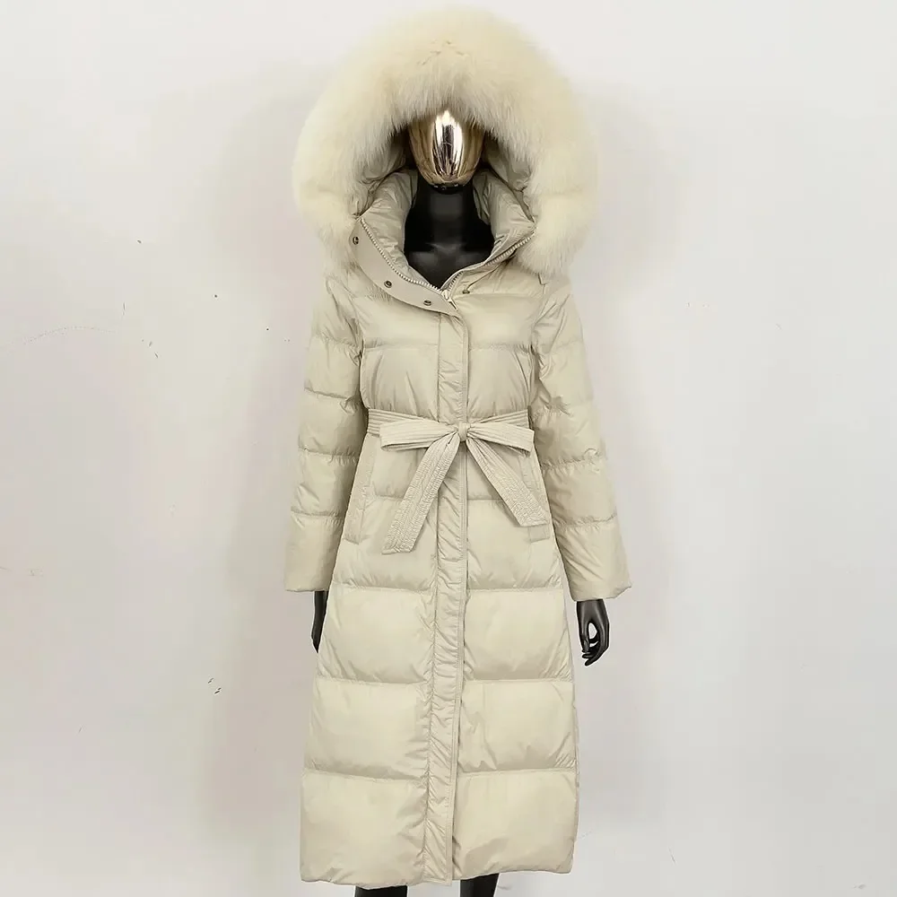 

Natural Fur White Duck Down Coat Hooded Long Winter Women Jacket Warm Thick Real Fox Fur Collar Waterproof Parkas Puffer Jacket