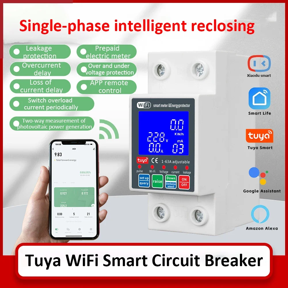 Smart PV Circuit Breaker Tuya WiFi 63A 220V Smart Automatic Reclosing Protector Automatic Switch Controller APP Remote Control