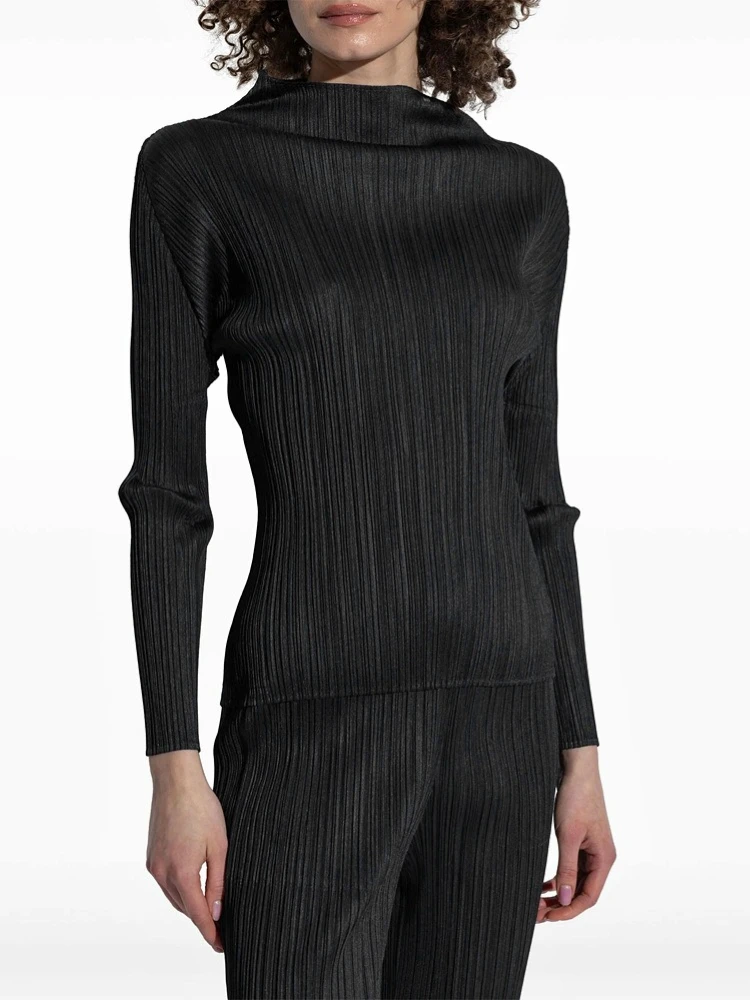 ISSEY Basic Classic Style Ruffled Half-Ceiling Collar Solid Color Slim-Fitting Long-Sleeved T-Shirt
