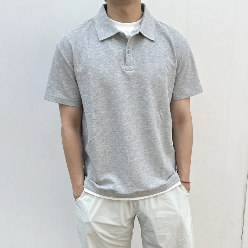 American Style Pearl Cotton Fake Two-piece T-shirt Men's Summer Pressed Rubber Collar Polo Shirt High-end Simple Loose T-shirt