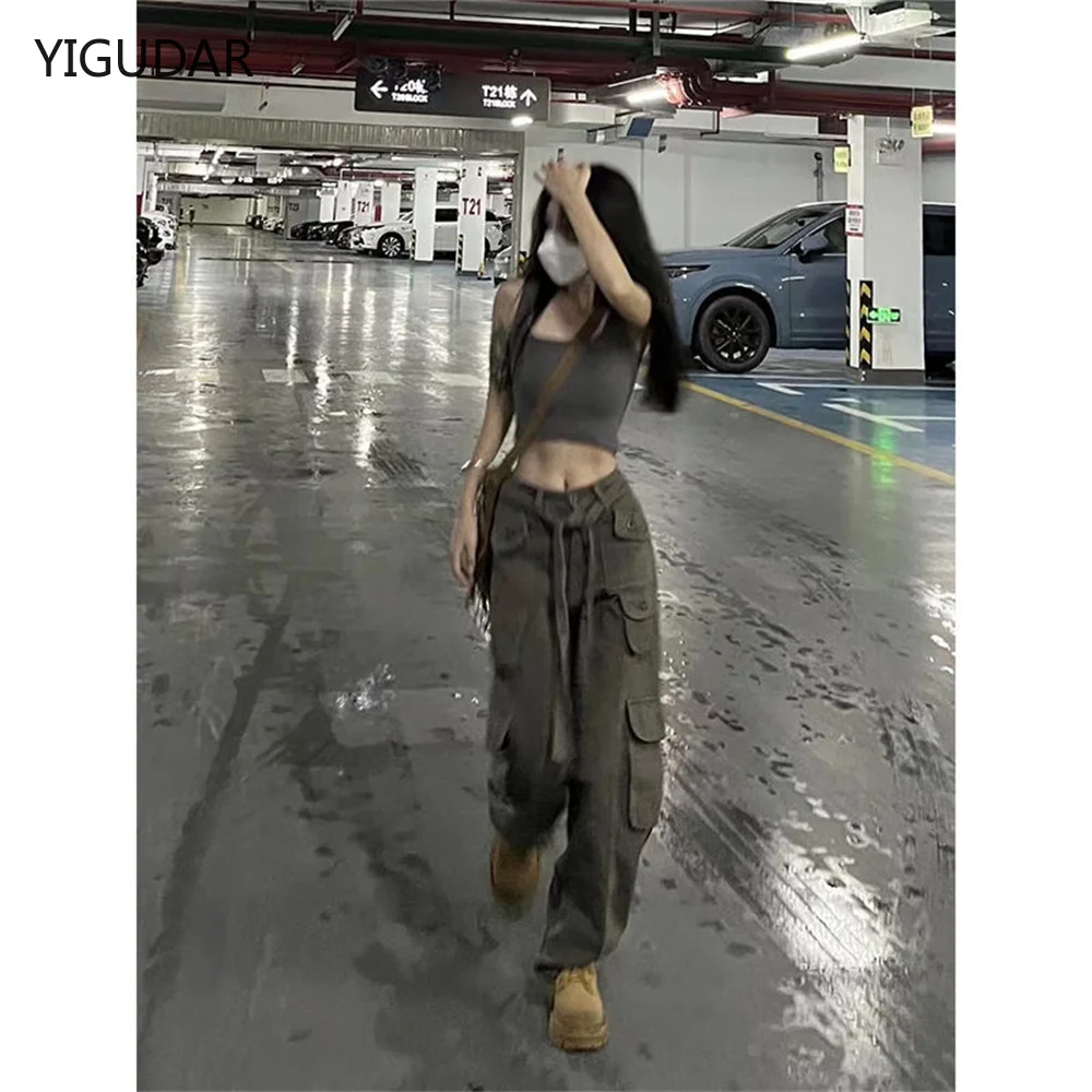 

Military green cargo pants female small American retro design sense of jeans with pockets straight leg ins