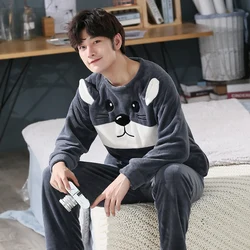 3XL 4XL 5XL 95kg Nightwear Long Sleeve Winter Warm Flannel Pajamas Sets Print Sleepwear Long Pant Male Men Pajama Set