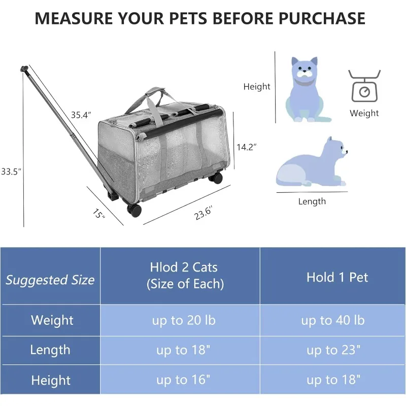 Double Cat Carrier with Wheels, Extra Large Cat Carrier- for 2 Big Cats Soft Rolling Dog Carrier for Up to 40 Lbs