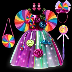 LED Light Up Girls Rainbow Lollipop Costume Dress Sweet Purim Festival Fancy Carnival Children Princess Cosplay Outfits