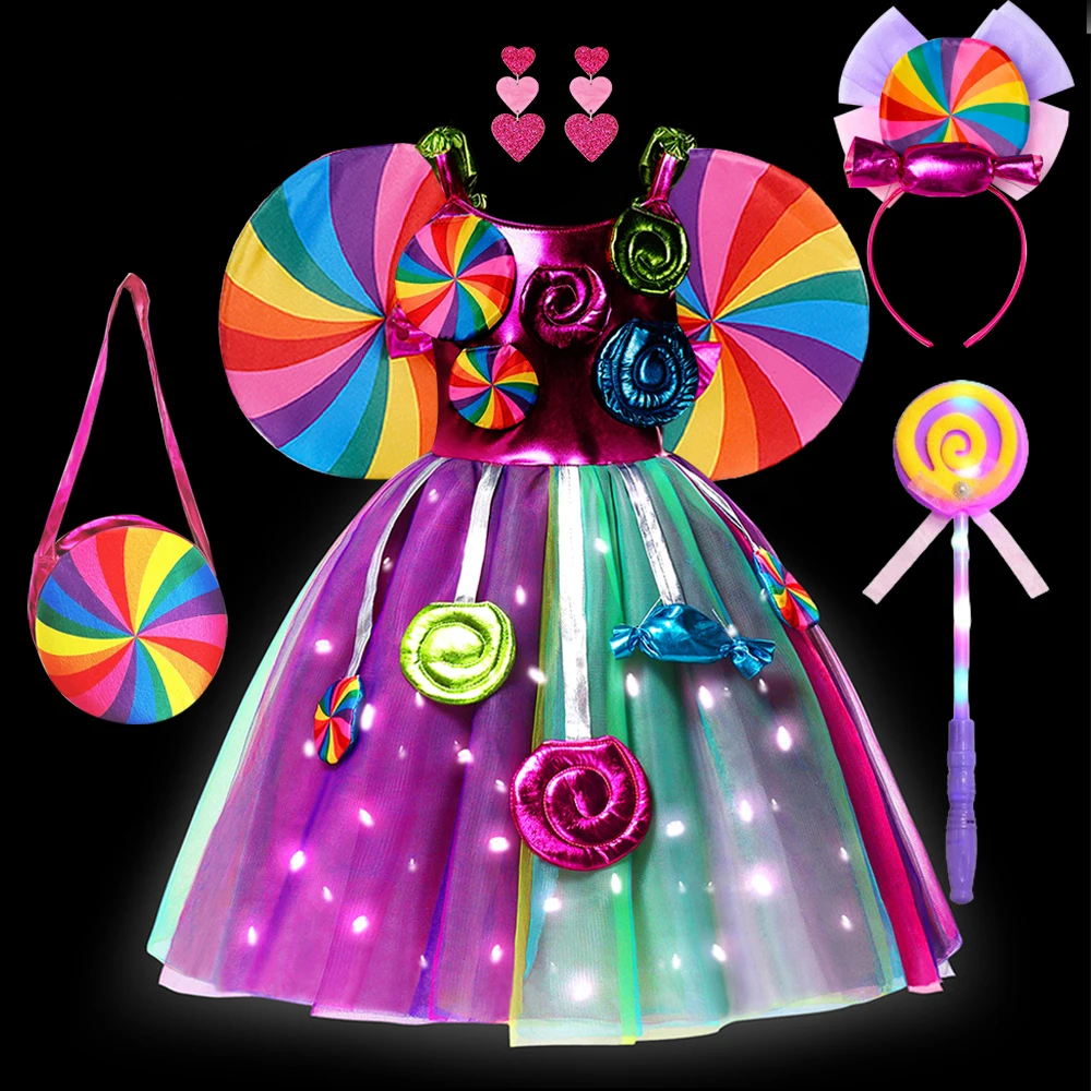 LED Light Up Girls Rainbow Lollipop Costume Dress Sweet Purim Festival Fancy Carnival Children Princess Cosplay Outfits