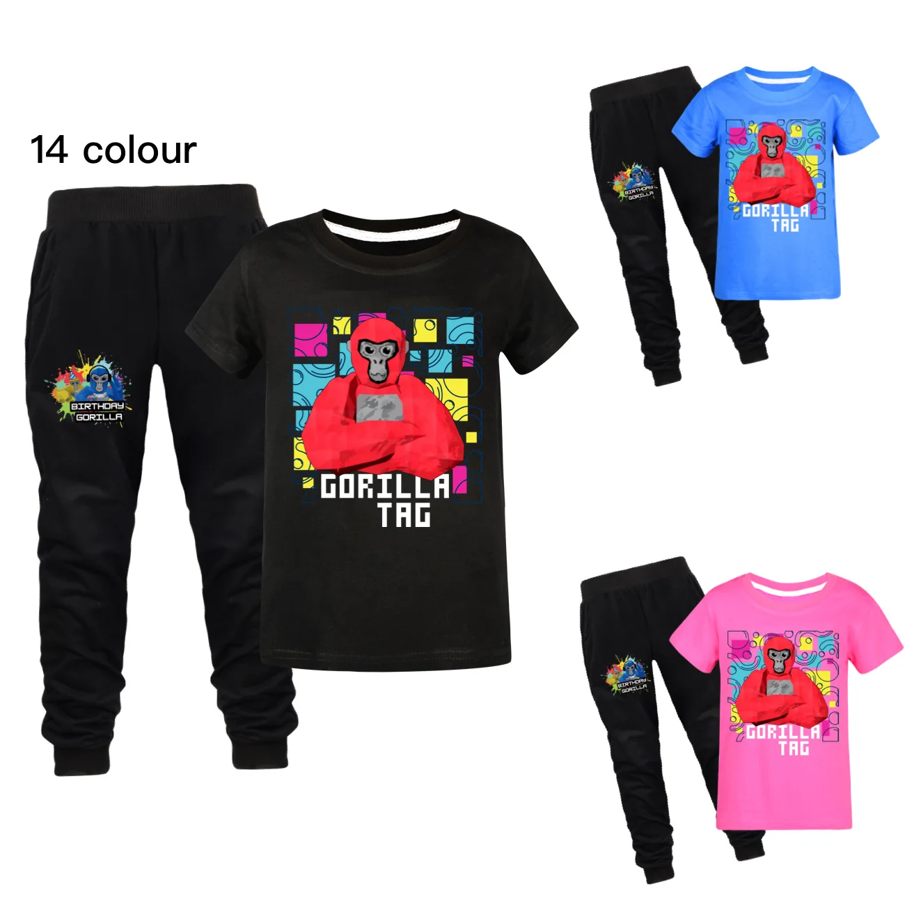 

New Monkey Gorilla Tag Shirt Kids Summer Outfits Junior Boys Short Sleeve T-shirt Pants 2pcs Sets Baby Girls Running Sportsuits