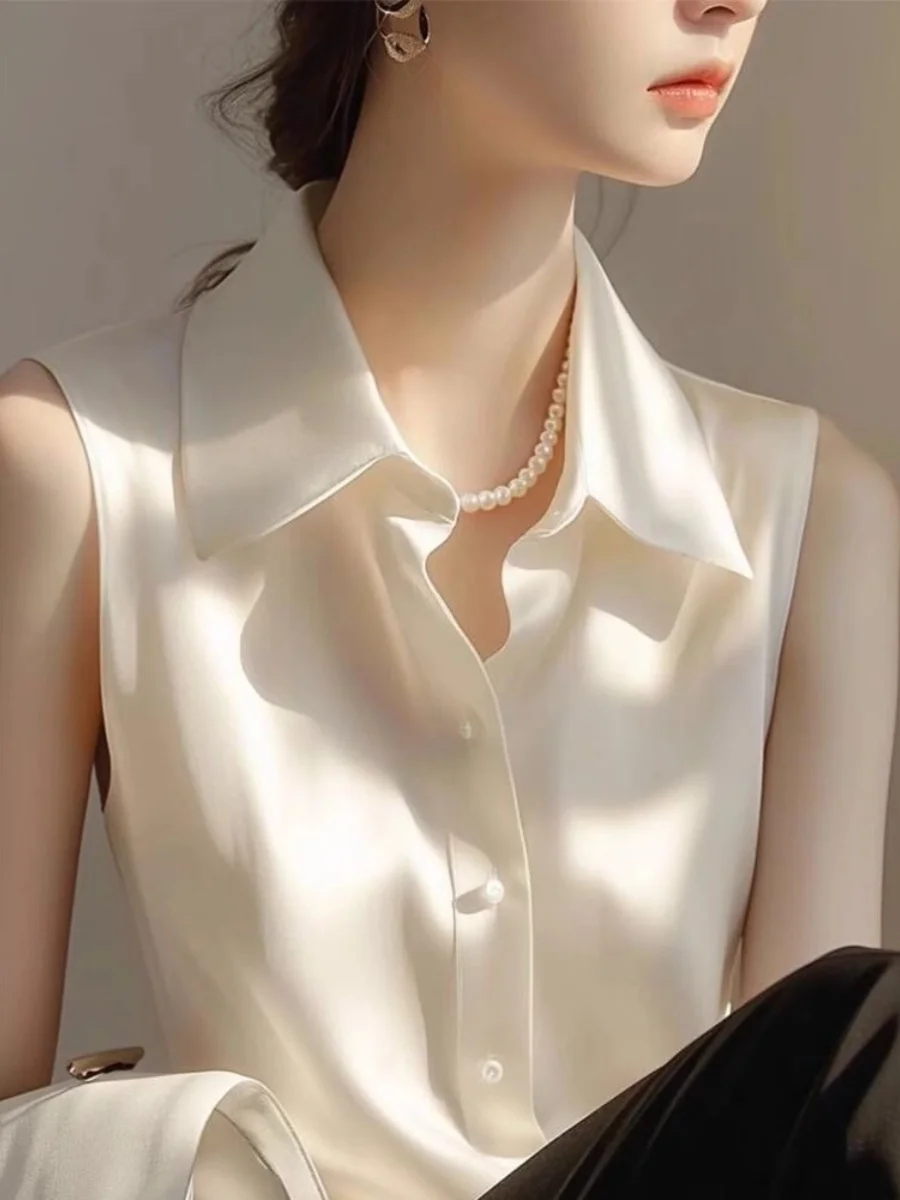 

Ele White Satin Ne Svel irt Women's Summer New Versatile Casual Aosphere Small irt Straight Cut Chinese