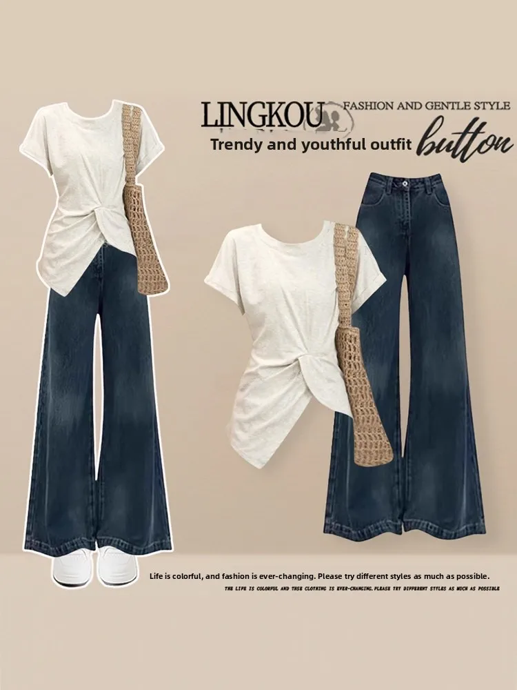 

Summer Korean Style Women's Short Sleeve T-Shirt Set with Slimming Vintage Jeans Two-Piece Casual Fashion Ensemble