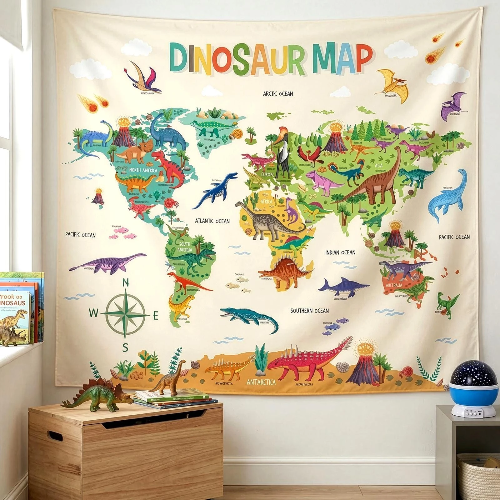 Dinosaur World Map Wall Tapestry Educational Kids Nursery Wall Hanging Jurassic Dino Art Tapestry Bedroom Living Room Decor